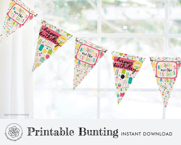 Birthday Bunting - PRINTABLE instant download PDF. Two styles of celebratory bunting flags to create DIY banner. Colorful "Happy Birthday."