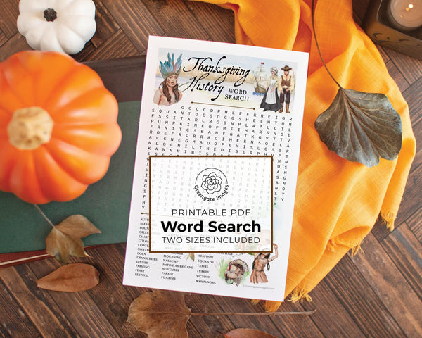 Thanksgiving History Word Find - PRINTABLE downloadable activity. Word search for guests, adults & older kids. Origins and traditions.