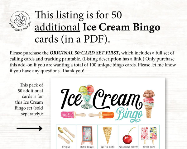 ADD-ON: 50 additional Ice Cream Bingo cards (numbered 51-100) to go with the original game that is sold separately