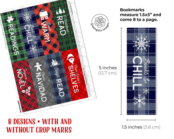 Plaid Christmas Bookmarks - PRINTABLE instant download PDF. Small size 1.5x5" markers for goody bags, gift baskets, coworkers, book club.