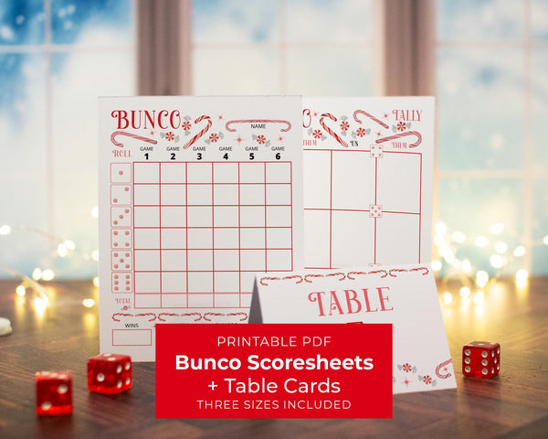 Candy Cane Bunco Scorecard Set - PRINTABLE digital download PDF w/tally sheet & table number cards. Party game, large group activity idea.