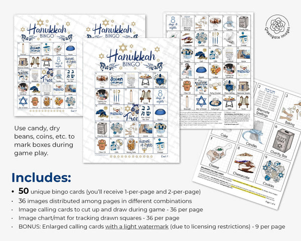 Hanukkah Bingo II - 50 PRINTABLE unique cards. Party activity for all ages. Chanukah prefilled game with pictures, Jewish holiday study.