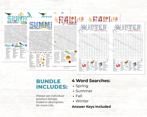 Seasons Word Search Bundle - PRINTABLE Word Find pages. Instant download PDF. Four 4 seasonal searches: Spring, Summer, Fall/Autumn, Winter.