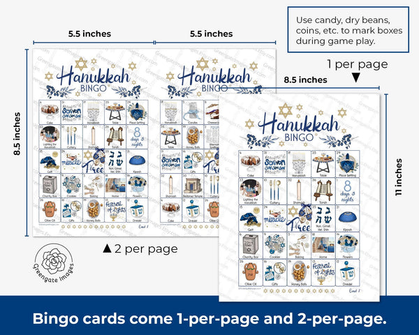 Hanukkah Bingo II - 50 PRINTABLE unique cards. Party activity for all ages. Chanukah prefilled game with pictures, Jewish holiday study.