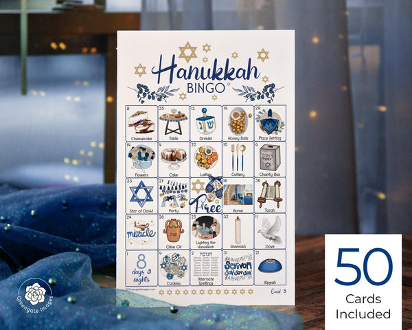 Hanukkah Bingo II - 50 PRINTABLE unique cards. Party activity for all ages. Chanukah prefilled game with pictures, Jewish holiday study.