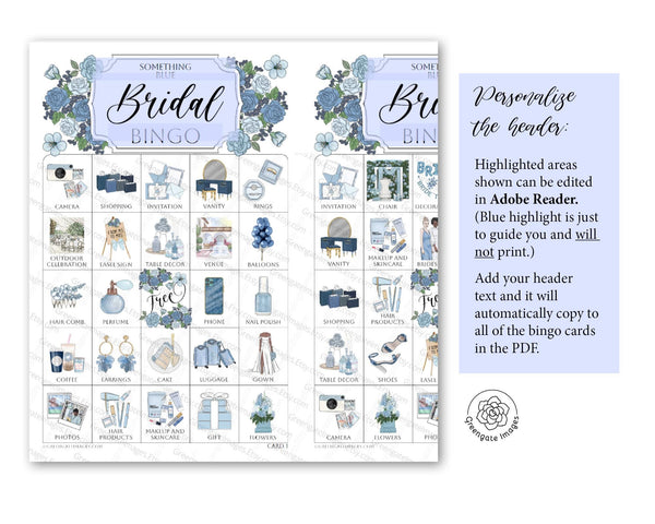 Dusty Blue Bridal Bingo Cards - Printable Digital Download by Greengate Images