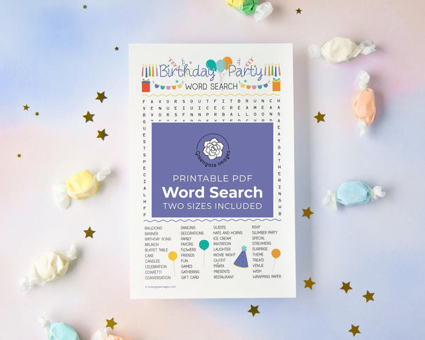 Birthday Party Word Search - Printable Digital Download by Greengate Images