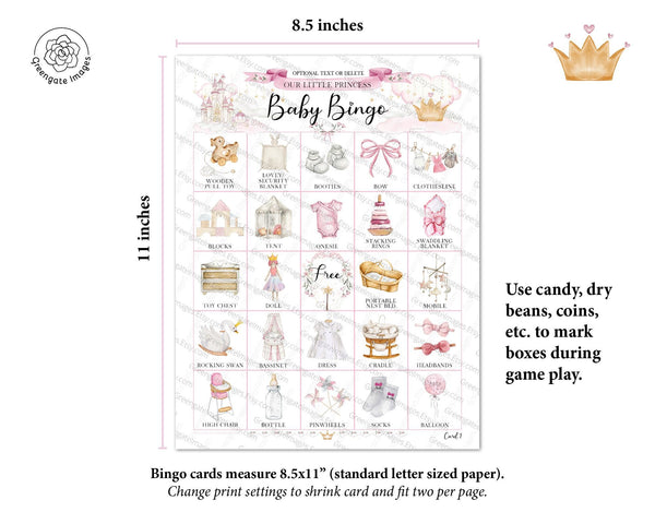 Princess Baby Shower Bingo - 100 unique cards - Printable Digital Download by Greengate Images