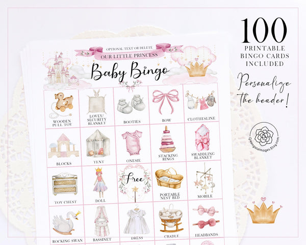 Princess Baby Shower Bingo - 100 unique cards - Printable Digital Download by Greengate Images