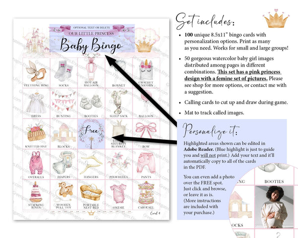 Princess Baby Shower Bingo - 100 unique cards - Printable Digital Download by Greengate Images