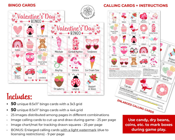 Valentine's Day Bingo - 3x3 and 4x4 Grids - Printable Digital Download by Greengate Images