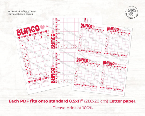 Valentine Bunco Scorecard Set - Red and Pink Hearts - Printable Digital Download by Greengate Images