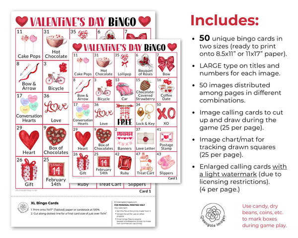 LARGE PRINT Valentine's Day Bingo - Printable Digital Download by Greengate Images