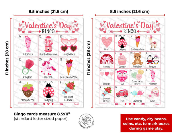 Valentine's Day Bingo - 3x3 and 4x4 Grids - Printable Digital Download by Greengate Images