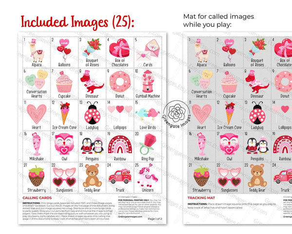 Valentine's Day Bingo - 3x3 and 4x4 Grids - Printable Digital Download by Greengate Images