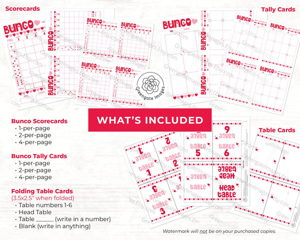 Valentine Bunco Scorecard Set - Red and Pink Hearts - Printable Digital Download by Greengate Images