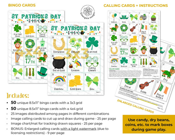 St. Patrick's Day Bingo for kids - Printable Digital Download by Greengate Images