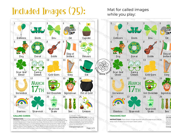 St. Patrick's Day Bingo for kids - Printable Digital Download by Greengate Images