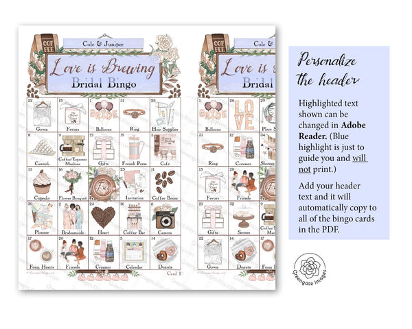 Coffee Bridal Shower Bingo Cards - Printable Digital Download by Greengate Images