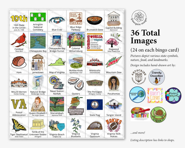 Virginia Bingo Cards - Printable Digital Download by Greengate Images