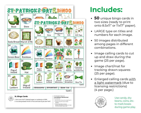 LARGE PRINT St. Patrick's Day Bingo - Printable Digital Download by Greengate Images