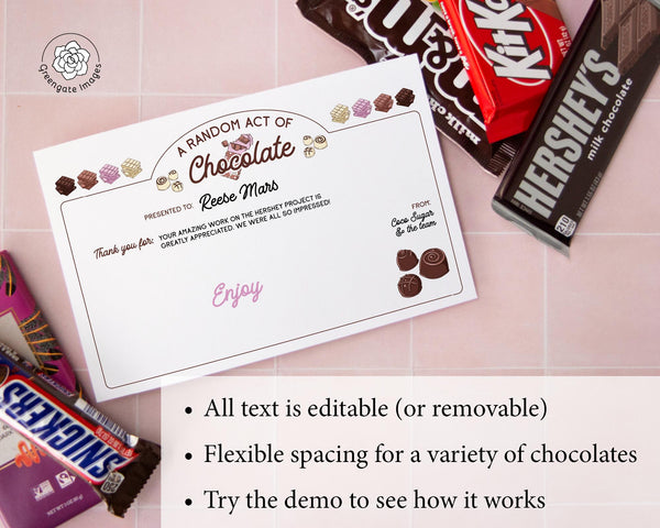 Random Act of Chocolate Certificate Template - Printable Digital Download by Greengate Images