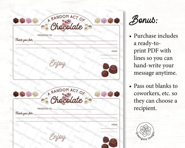 Random Act of Chocolate Certificate Template - Printable Digital Download by Greengate Images