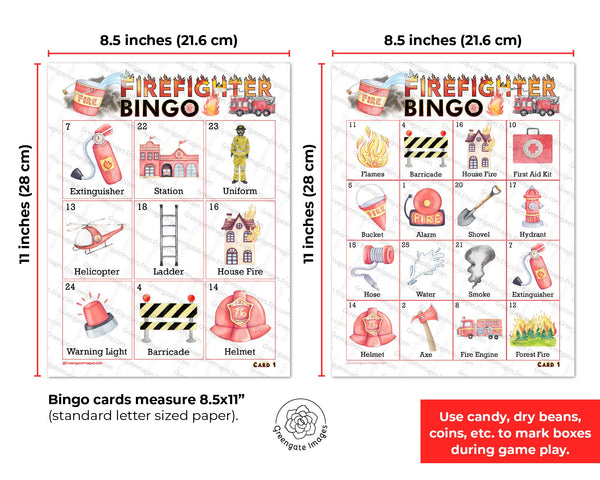 Firefighter Bingo for kids - Printable Digital Download by Greengate Images