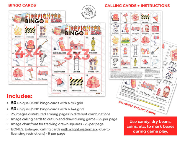 Firefighter Bingo for kids - Printable Digital Download by Greengate Images