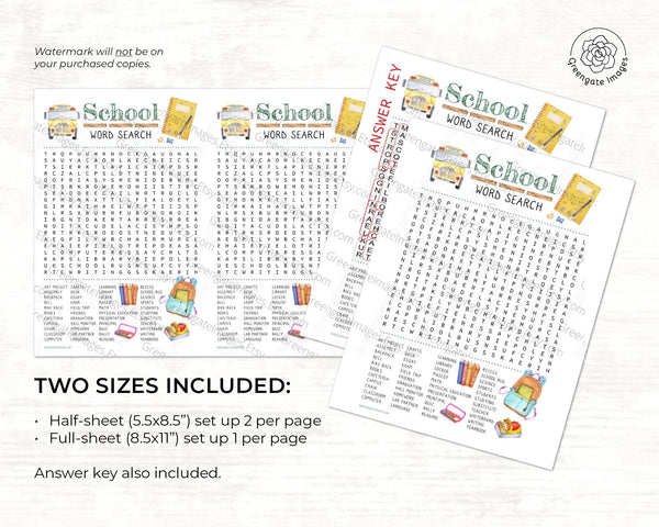 School Word Search - Printable Digital Download by Greengate Images