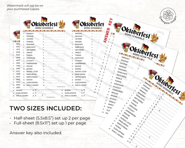 Oktoberfest Word Scramble Game - PRINTABLE download activity. Fall word game guests, adult & older kids. Answer sheet included. Digital PDF.