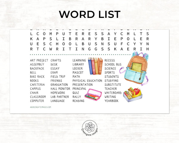 School Word Search - Printable Digital Download by Greengate Images
