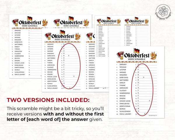 Oktoberfest Word Scramble Game - PRINTABLE download activity. Fall word game guests, adult & older kids. Answer sheet included. Digital PDF.