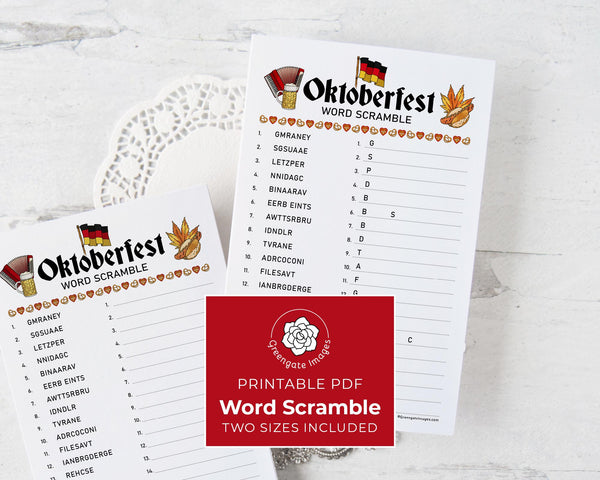 Oktoberfest Word Scramble Game - PRINTABLE download activity. Fall word game guests, adult & older kids. Answer sheet included. Digital PDF.