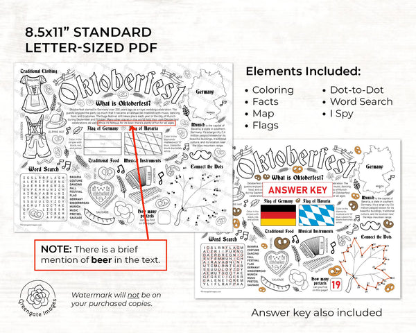Oktoberfest Activity Page - PRINTABLE Instant download PDF for kids and up. Word search, dot-to-dot, educational 8.5x11" coloring placemat.