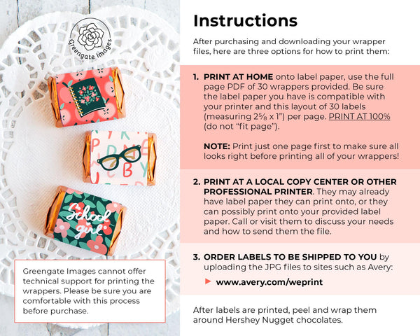 School Girl Nugget Wrappers - PRINTABLE floral coral labels for wrapping chocolate Nugget Chocolate Candy. Print on address label stickers.