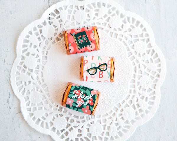 School Girl Nugget Wrappers - PRINTABLE floral coral labels for wrapping chocolate Nugget Chocolate Candy. Print on address label stickers.
