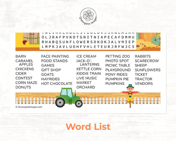 Pumpkin Patch Word Search - Printable Digital Download by Greengate Images