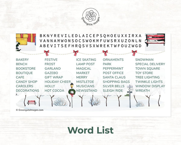 Christmas Town Word Search - PRINTABLE downloadable activity. Cute, immersive word find for fun and anxiety relief. All ages, lots of words.