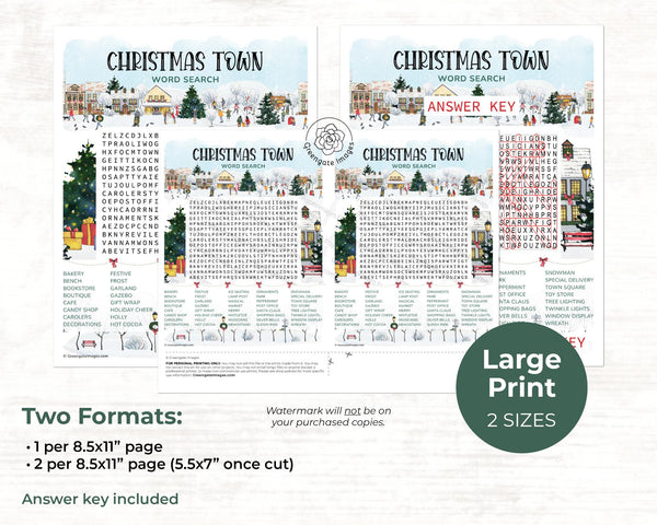 Christmas Town Word Search - PRINTABLE downloadable activity. Cute, immersive word find for fun and anxiety relief. All ages, lots of words.