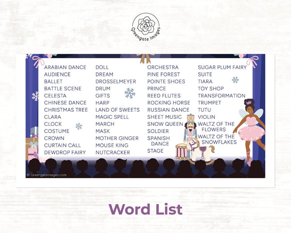 Nutcracker Word Search - PRINTABLE downloadable activity. Cute, immersive word find for seasonal brain exercise. All ages, lots of words.