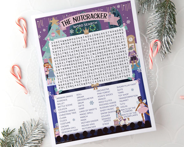 Nutcracker Word Search - PRINTABLE downloadable activity. Cute, immersive word find for seasonal brain exercise. All ages, lots of words.