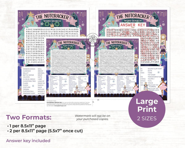 Nutcracker Word Search - PRINTABLE downloadable activity. Cute, immersive word find for seasonal brain exercise. All ages, lots of words.