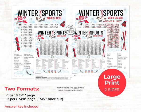 Winter Sports Word Search - Printable Digital Download by Greengate Images
