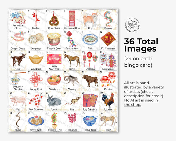 Chinese New Year Bingo - 50 PRINTABLE unique cards. Instant digital download PDF. Fun game/activity idea for Lunar New Year party & study.