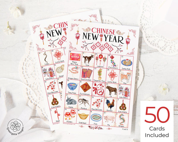 Chinese New Year Bingo - 50 PRINTABLE unique cards. Instant digital download PDF. Fun game/activity idea for Lunar New Year party & study.