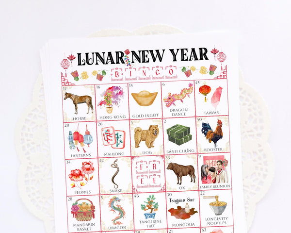 Lunar New Year Bingo - 50 PRINTABLE unique cards. Instant digital download PDF. Beautiful hand-painted artwork celebrating around the world.