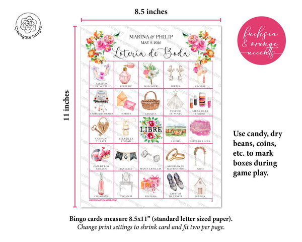 Fuchsia & Orange Lotería de Boda - Printable Digital Download by Greengate Images