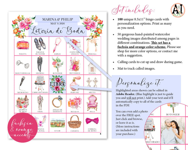 Fuchsia & Orange Lotería de Boda - Printable Digital Download by Greengate Images