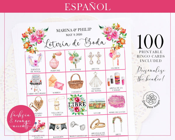 Fuchsia & Orange Lotería de Boda - Printable Digital Download by Greengate Images